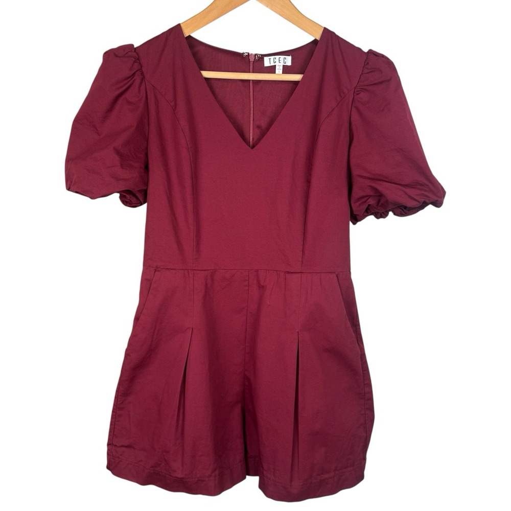 TCEC Puff Sleeve Romper Burgundy V-Neck Pleated Hem Short Sleeves Women's Large‎